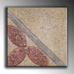 Pastelón diseño hojas con grano en tres tonos, aplicaciones en grano de color amarillo, rojo y gris