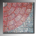 Pastelón diseño tipo adocreto circular en dos tonos color natural y rojo con aplicaciones en piedra de playa